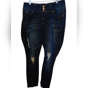 YMI Women's wannabettabutt Midnight Blue Ripped Skinny Jeans